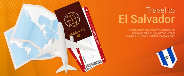 엘살바도르 여행 팝언더 배너. 엘살바도르의 여권, 티켓, 비행기, 탑승권, 지도 및 국기가 있는 여행 배너. 프리미엄 벡터