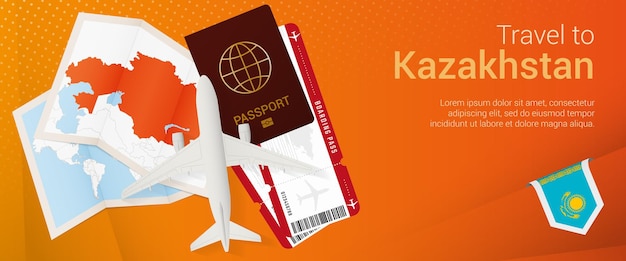 카자흐스탄 팝언더 배너 여행. 여권, 티켓, 비행기, 탑승권, 지도, 카자흐스탄 국기가 있는 여행 배너.