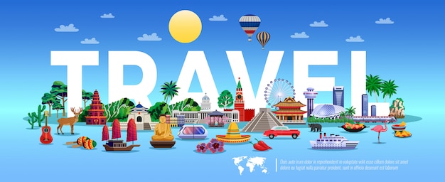 Travel and tourism illustration with resort and sightseeing elements