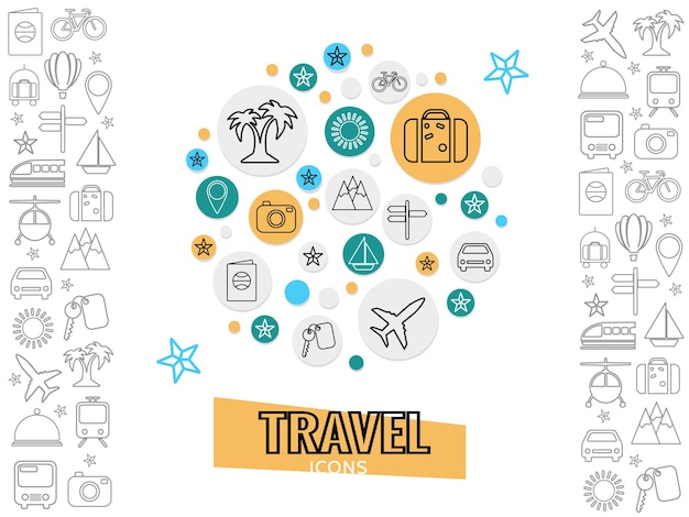 Free vector travel and transportation concept with palm tree luggage bicycle bus airplane boat key camera car