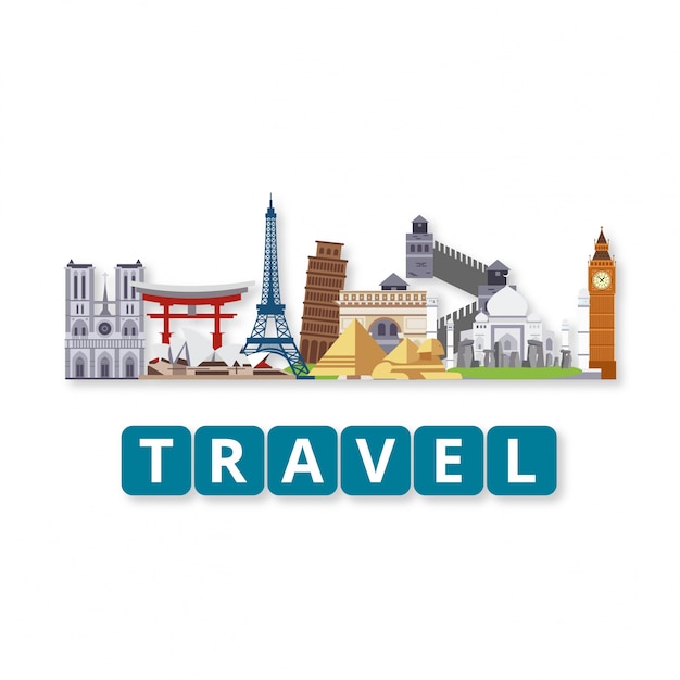 Free vector travel world landmarks set with lettering