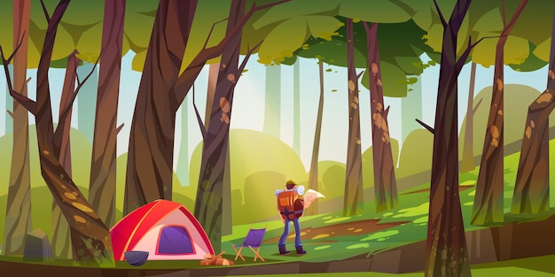 Free vector traveler camp in forest, tourist with backpack and map stand at scenery wood landscape searches right direction