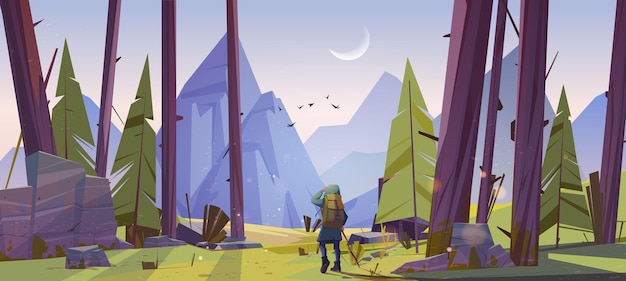 Free vector traveler at forest with mountains view at morning