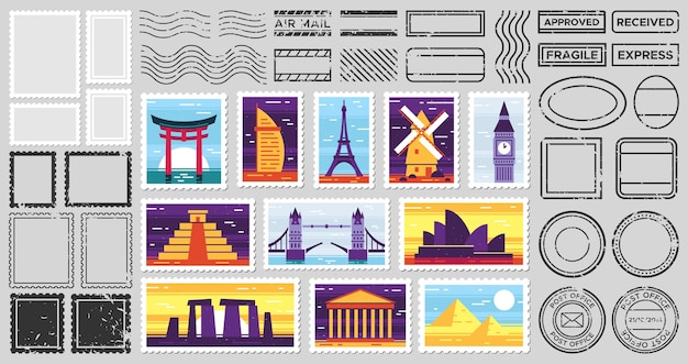 Бесплатное векторное изображение Почтовая марка путешественника. открытка с достопримечательностями города, хрупкая марка и почтовые рамки