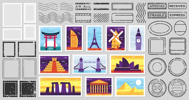 Traveler mail post stamp. City attractions postcard, fragile stamp and postage frames