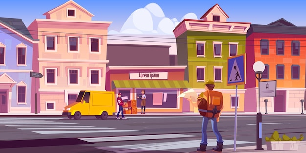 Traveler man with map and backpack on retro city street with antique buildings and porter unload car