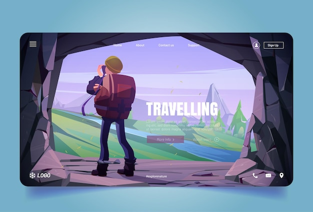 Free vector traveler at mountain cave exit making picture on camera of scenery landscape with rock peaks and river. travel, journey adventure. tourist with backpack look on high tops, cartoon vector illustration