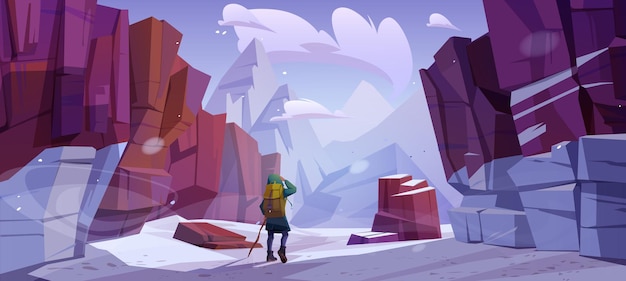 Free vector traveler at winter mountains, travel journey, adventure. tourist with backpack and wood staff stand at rocky snowy landscape looking at high peak.