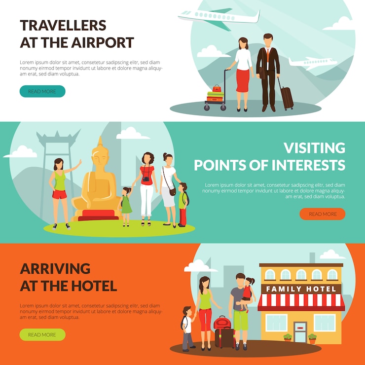 Free Vector travelers at airport in hotel and sightseeing excursion horizontal banners set for tourists 