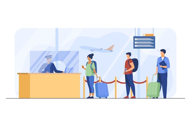 Travelers standing in queue for flight registration. Baggage, line, ticket flat vector illustration. Airlines and traveling