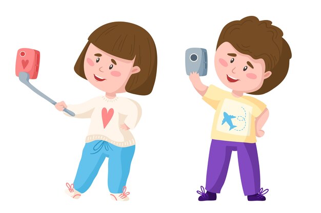 携帯電話で旅行漫画かわいいカップルの男の子と女の子は自分撮りをします プレミアムベクター