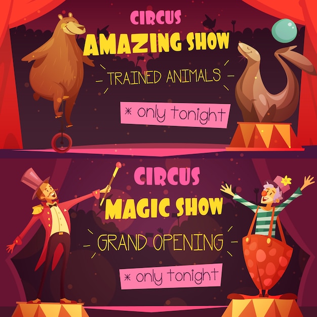 Free vector traveling circus amazing show 2 retro cartoon style horizontal banners set with clown