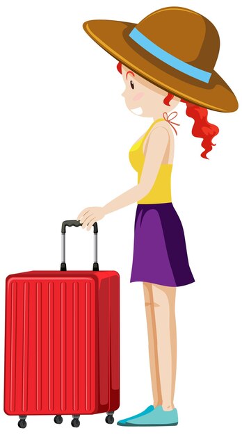 白い背景の上の彼女の荷物を持って立っている旅行者の女性