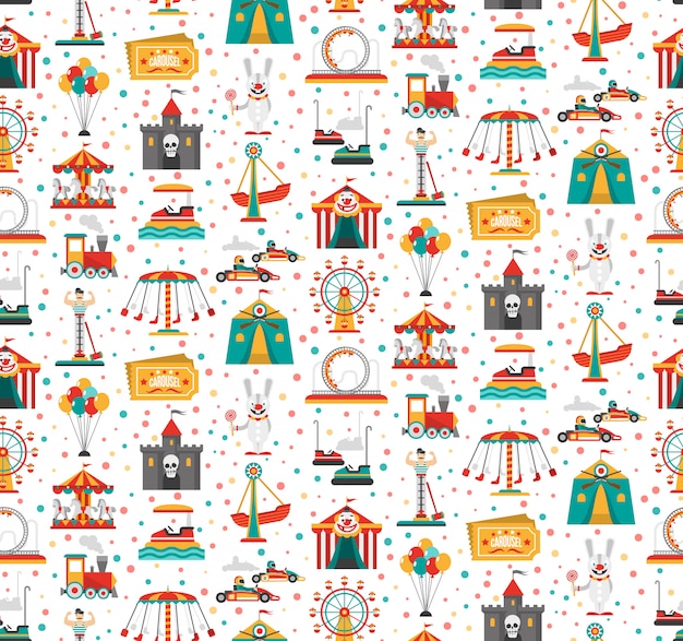 Travelling carnival amusement park show fair seamless festive pattern with retro tickets clown