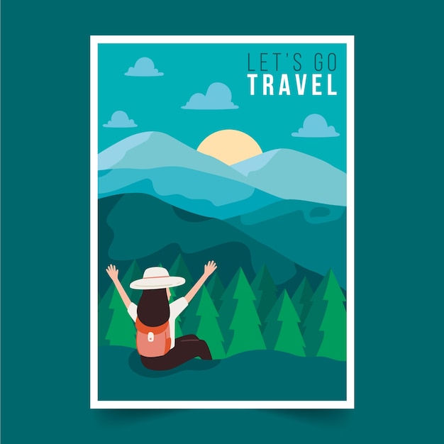 Travelling poster with illustrated mountains