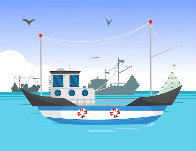 Free vector trawler sailing in daylight cartoon illustration