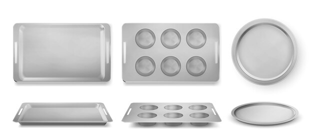 Trays for baking muffins, pizza and bakery top and front view, empty tin pans