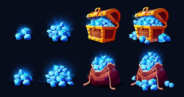 Treasure chest and bag with gem stones game icons