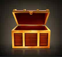 Бесплатное векторное изображение Сундук с сокровищами, пустой деревянный ящик, открытая шкатулка с золотыми деталями и замочная скважина.