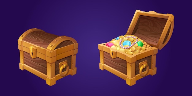 Free vector treasure chest with gold coins and gems