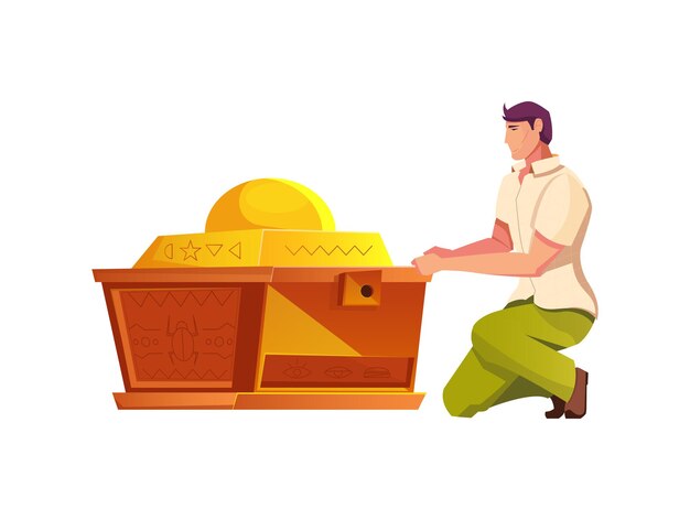 Treasure hunt flat composition with male character opening ancient chest vector illustration