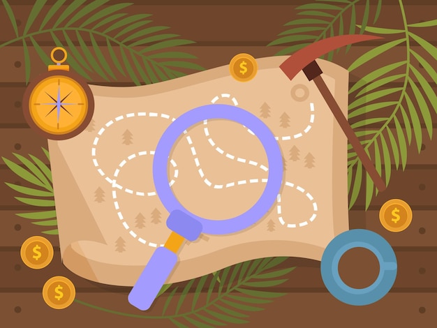 Free vector treasure hunt flat composition with top view of magnifier on map with compass and mattock vector illustration