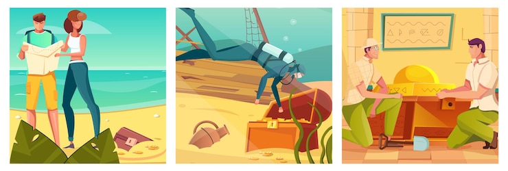 Free Vector treasure hunt and quest set with expedition symbols flat illustration