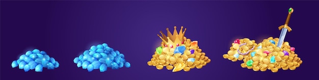Free vector treasure icons with heaps of gold coins diamonds