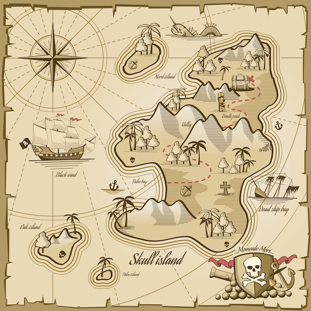 Treasure island vector map in hand drawn style. sea adventure, ocean navigation, plan and path parchment, monster and chest illustration