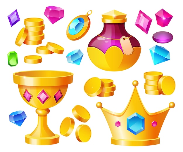 Free vector treasure, magic items golden coins, crystal gems, crown, gold goblet with potion bottle, precious rocks and jewelry, ui game assets, pirate loot isolated