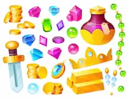 無料ベクター 宝物、魔法のアイテム、黄金のコイン、水晶の宝石、王冠、剣、ポーションボトル付きの金の棒、貴重な岩や宝石、uiゲーム資産、海賊戦利品の分離