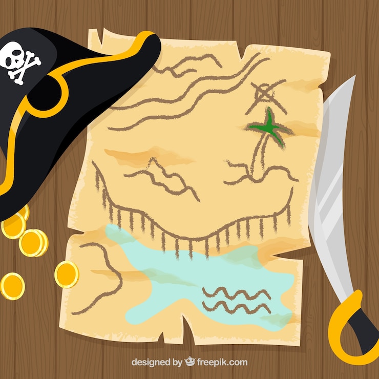Free Vector treasure map background with hat and sword