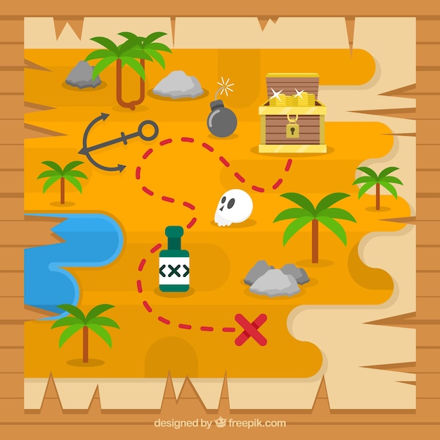 Free vector treasure map with elements in flat design