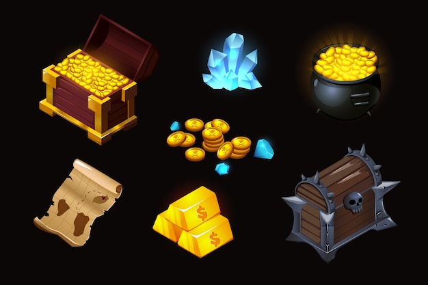 Free vector treasures finds isometric cartoon set with luminous crystals gold coins chests ancient scroll black background vector illustration