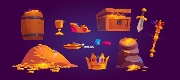 Treasury icons of pile of golden coins, jewelry and gem. cartoon set of treasure chest, bag and wooden barrel full of gold, goblet, crown, scepter and dagger