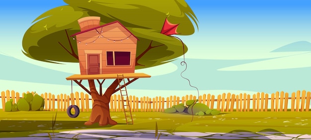 Free vector tree house on backyard lawn with fence background