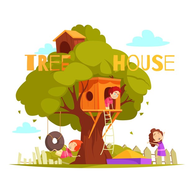 Tree house between green foliage illustration