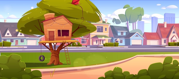 Free vector tree house or hut at suburban street with cottages