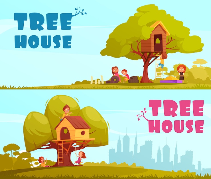 Free Vector tree house with children on blue sky background illustration
