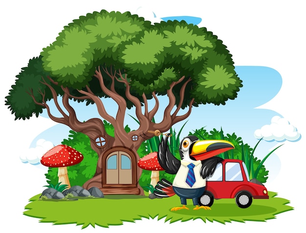 Tree house with cute bird cartoon style