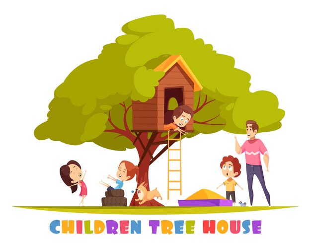 はしご、うれしそうな子供たちと子犬のイラストがぶら下がっている木の家