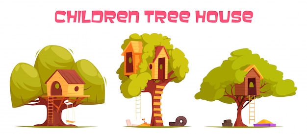 Tree houses between green foliage illustration