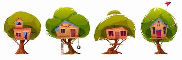 Free vector tree houses or huts isolated on white background