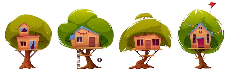 Free Vector tree houses or huts isolated on white background