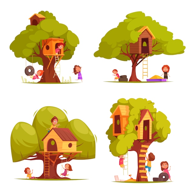 Free vector tree houses with children during games illustration