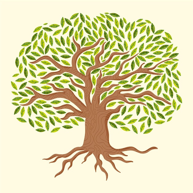 Tree life with gradient green leaves hand drawn