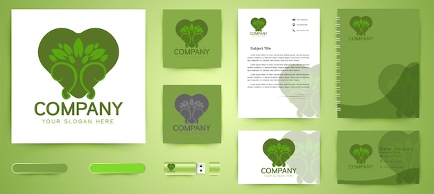 ツリーと愛、環境ケアのロゴとビジネスブランディングテンプレート白い背景で隔離のデザインのインスピレーション