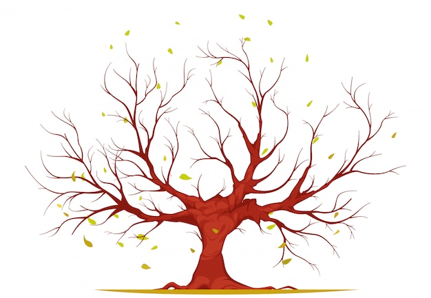 Tree with branches and roots, falling leaves, on white background, illustration