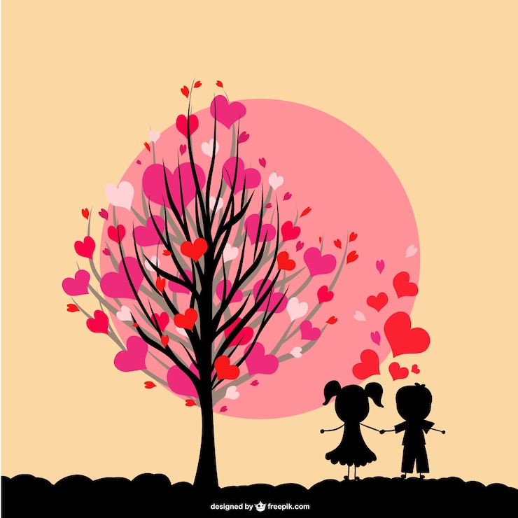 Free Vector tree with hearts in its branches and kids in love