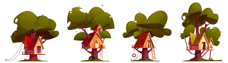 Free Vector treehouse on green trees cartoon